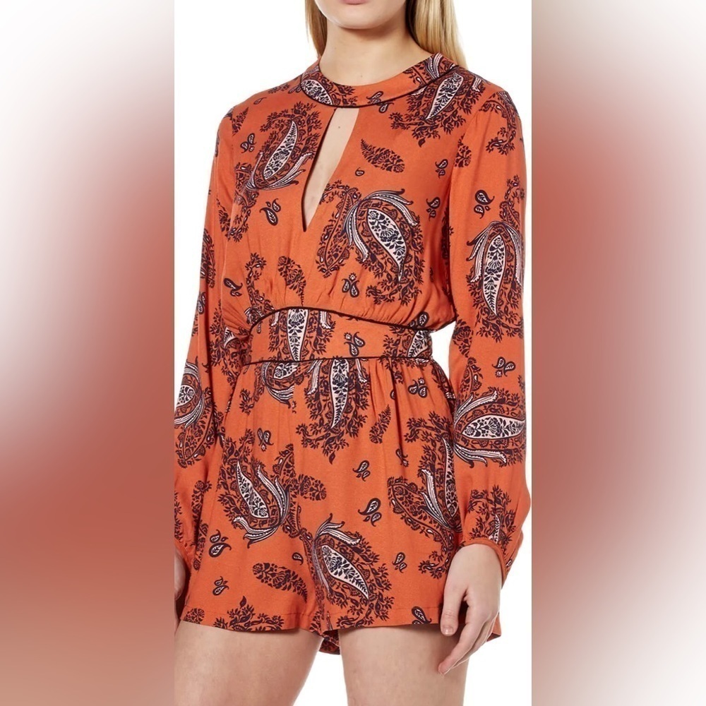 MINKPINK Orange Long Sleeve Paisley Patterned Romper.  Size Small